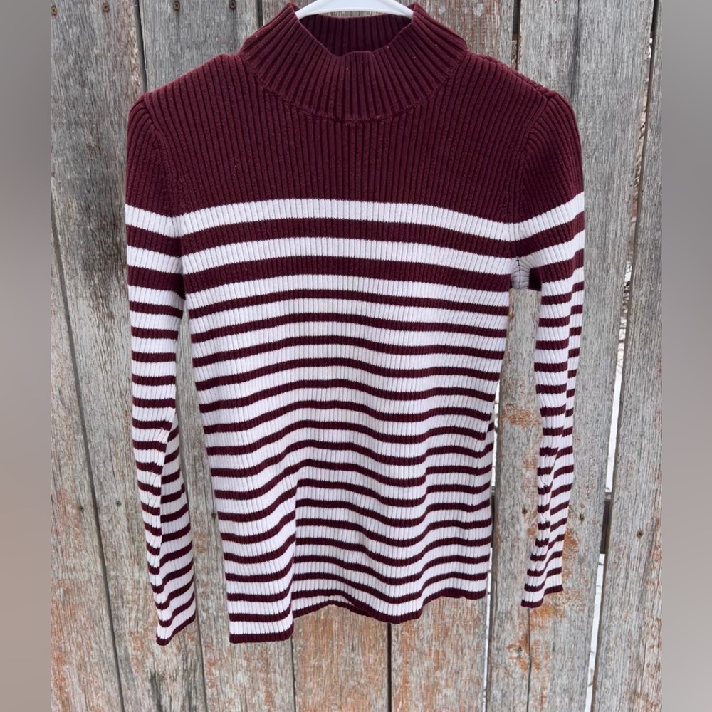 Studio Works Maroon and White Ribbed Turtleneck